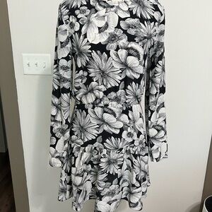 Floral Black and White Long Sleeve Dress